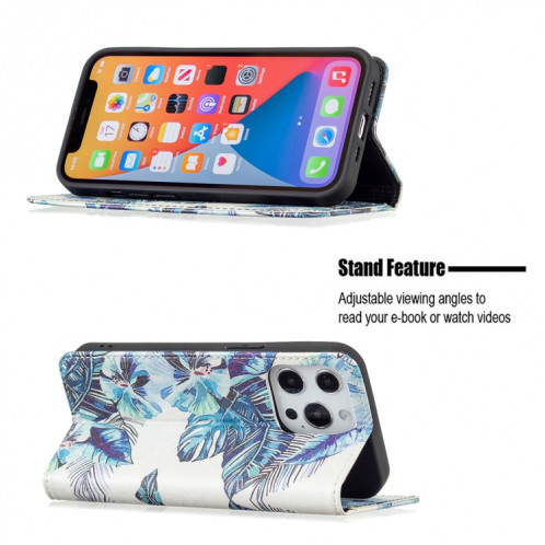Modèle de dessin coloré Invisible Horizontal horizontal Flip PU Coque en cuir PU avec porte-cartes et portefeuille pour iPhone 13 Pro (feuilles bleues) SH203D397-07