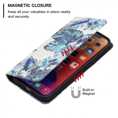 Modèle de dessin coloré Invisible Horizontal horizontal Flip PU Coque en cuir PU avec porte-cartes et portefeuille pour iPhone 13 Pro (feuilles bleues) SH203D397-07