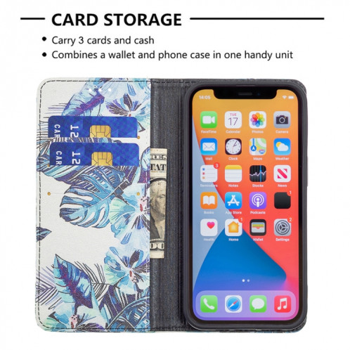 Modèle de dessin coloré Invisible Horizontal horizontal Flip PU Coque en cuir PU avec porte-cartes et portefeuille pour iPhone 13 Pro (feuilles bleues) SH203D397-07