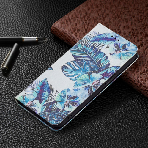 Modèle de dessin coloré Invisible Horizontal horizontal Flip PU Coque en cuir PU avec porte-cartes et portefeuille pour iPhone 13 Pro (feuilles bleues) SH203D397-07