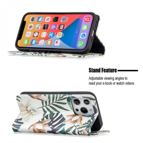 Motif de dessin coloré Invisible Horizontal Horizontal Flip Coque en cuir PU avec porte-carte et portefeuille pour iPhone 13 Pro (feuilles rouges) SH203G1861-07