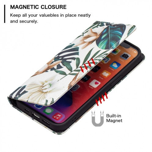 Motif de dessin coloré Invisible Horizontal Horizontal Flip Coque en cuir PU avec porte-carte et portefeuille pour iPhone 13 Pro (feuilles rouges) SH203G1861-07