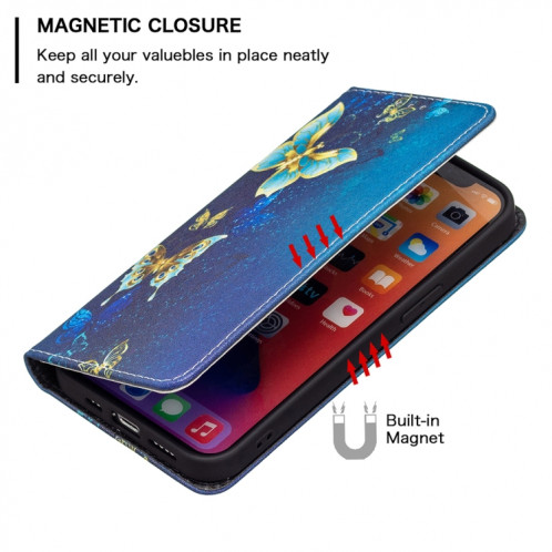 Motif de dessin coloré Invisible Étui en cuir horizontal magnétique avec support et portefeuille pour iPhone 13 Pro (Papillons d'or) SH203H940-07
