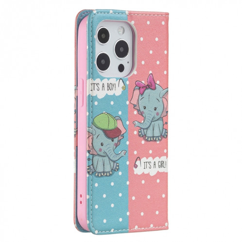 Motif de dessin coloré Invisible Horizontal horizontal Flip PU Coque en cuir PU avec support et cartes de carte et portefeuille pour iPhone 13 Pro (éléphant) SH203J1530-07
