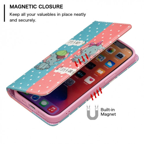 Motif de dessin coloré Invisible Horizontal horizontal Flip PU Coque en cuir PU avec support et cartes de carte et portefeuille pour iPhone 13 Pro (éléphant) SH203J1530-07
