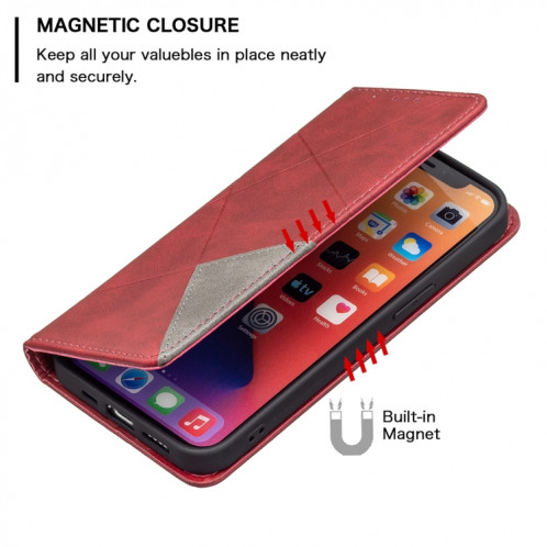 Rhombus Texture Horizontale Étui en cuir magnétique avec support et machines à sous pour iPhone 13 (rouge) SH302A915-07