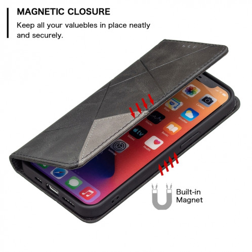 Rhombus Texture Horizontal Flip Housse en cuir magnétique avec support et machines à sous pour iPhone 13 Pro (Noir) SH303F818-07