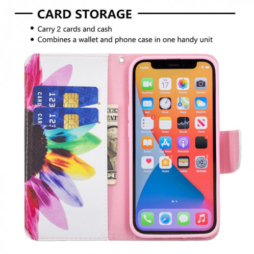 Motif de dessin coloré Horizontal Flip Cuir Case avec porte-cartes et portefeuille pour iPhone 13 mini (tournesol) SH401A233-07