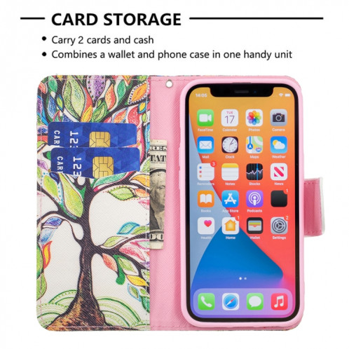 Motif de dessin coloré Horizontal Flip Cuir Coffret avec porte-cartes et portefeuille pour iPhone 13 mini (arbre de vie) SH401J221-07