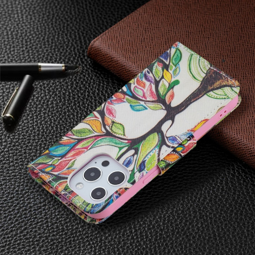 Motif de dessin coloré Horizontal Flip Cuir Coffret avec porte-cartes et portefeuille pour iPhone 13 mini (arbre de vie) SH401J221-07