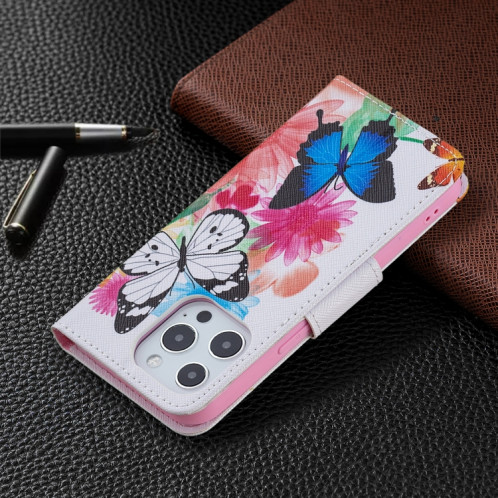 Modèle de dessin coloré Horizontal Flip Cuir Case avec support & Card Slots & Portefeuille pour iPhone 13 (deux papillons) SH402E954-07