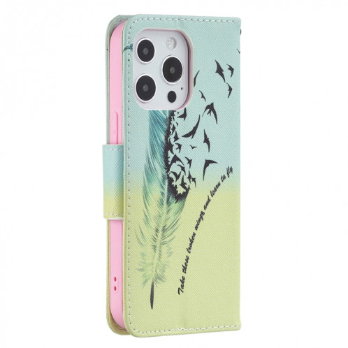 Motif de dessin coloré Horizontal Flip Cuir Case avec support & Portefeuille pour iPhone 13 (plume) SH402F430-07