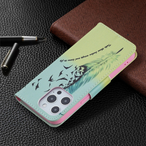 Motif de dessin coloré Horizontal Flip Cuir Case avec support & Portefeuille pour iPhone 13 (plume) SH402F430-07