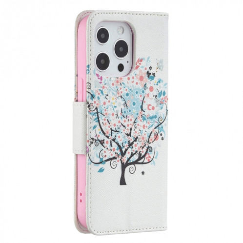 Modèle de dessin coloré Horizontal Flip Cuir Case avec porte-cartes et portefeuille pour iPhone 13 Pro (Arbre) SH403H1079-07
