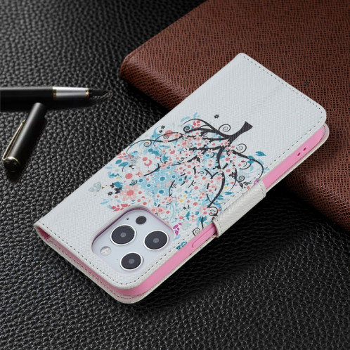 Modèle de dessin coloré Horizontal Flip Cuir Case avec porte-cartes et portefeuille pour iPhone 13 Pro (Arbre) SH403H1079-07