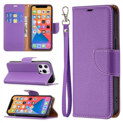 Texture de Litchi Couleur pure Couleur horizontale Horizontal Horizons avec porte-cartes et portefeuille et lanière pour iPhone 13 (Purplez) SH602F1845-07