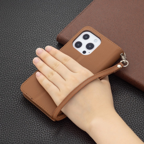 Texture de Litchi Couleur Pure Couleur Horizontale Horizontal Horizan Coque avec porte-cartes et portefeuille et lanière pour iPhone 13 PRO (Brown) SH603D388-07