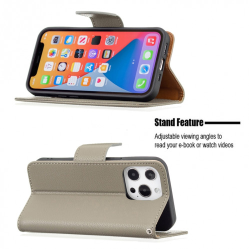 Texture de Litchi Couleur Pure Couleur Horizontal Horizontal Horizons avec support & carte Slots & Portefeuille et longe pour iPhone 13 Pro (gris) SH603H399-07