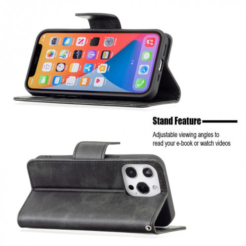 Pour iPhone 13 Pro Rétro Lambskin Texture Pure Couleur Horizontale Horizontale Horizontal Coque en cuir PU, avec porte-carte et portefeuille et lanière (noir) SH903A1024-07