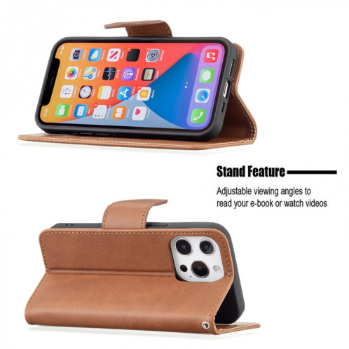 Pour iPhone 13 Pro Rétro Lambskin Texture Pure Couleur Horizontale Horizontal PU Coque en cuir PU, avec porte-carte et portefeuille et lanière (brun) SH903E1271-07