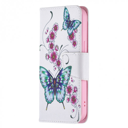 Motif de couleur Dessin Retournement horizontal Étui en cuir avec support et carte Machines à sous et porte-monnaie pour l'iPhone 13 (Peach Blossom et papillon) SH402A1456-07