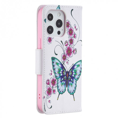 Motif de couleur Dessin Retournement horizontal Étui en cuir avec support et carte Machines à sous et porte-monnaie pour l'iPhone 13 (Peach Blossom et papillon) SH402A1456-07