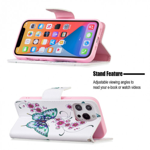 Motif de couleur Dessin Retournement horizontal Étui en cuir avec support et carte Machines à sous et porte-monnaie pour l'iPhone 13 (Peach Blossom et papillon) SH402A1456-07