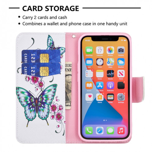 Motif de couleur Dessin Retournement horizontal Étui en cuir avec support et carte Machines à sous et porte-monnaie pour l'iPhone 13 (Peach Blossom et papillon) SH402A1456-07