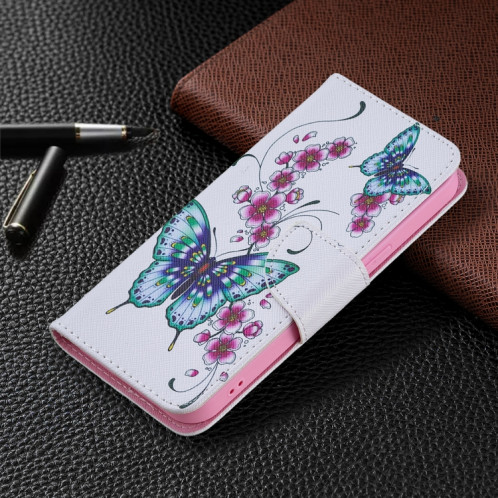 Motif de couleur Dessin Retournement horizontal Étui en cuir avec support et carte Machines à sous et porte-monnaie pour l'iPhone 13 (Peach Blossom et papillon) SH402A1456-07