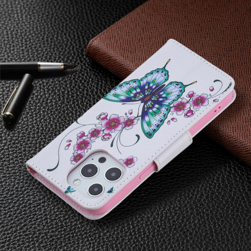 Motif de couleur Dessin Retournement horizontal Étui en cuir avec support et carte Machines à sous et porte-monnaie pour l'iPhone 13 (Peach Blossom et papillon) SH402A1456-07