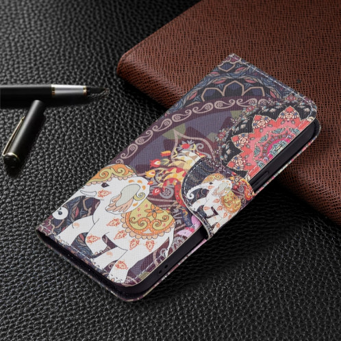Motif de dessin coloré Horizontal Flip Cuir Coating avec porte-carte et portefeuille pour iPhone 13 (fleurs et éléphants) SH402D1159-07