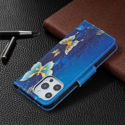 Modèle de dessin coloré Horizontal Flip Cuir Coffret avec porte-carte et portefeuille pour iPhone 13 (papillon d'or) SH402I1119-07