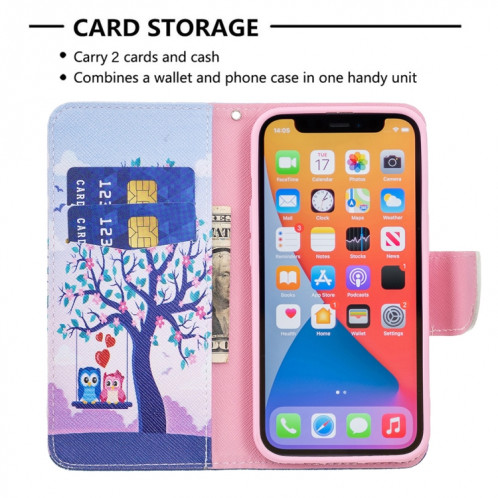 Modèle de dessin coloré Horizontal Flip Cuir Case avec porte-cartes et portefeuille pour iPhone 13 Pro (deux hiboux) SH403B1688-07