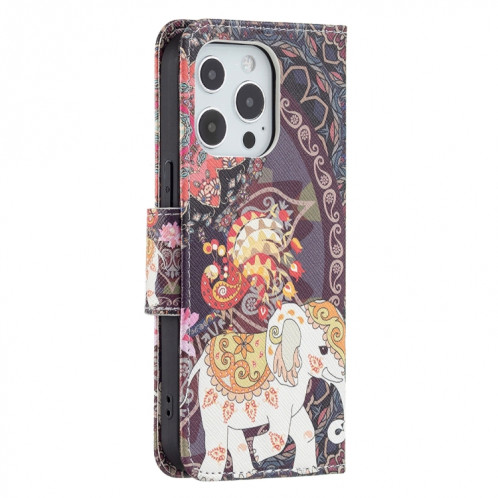 Motif de dessin coloré Horizontal Flip Cuir Case avec porte-cartes et portefeuille pour iPhone 13 Pro (fleurs et éléphants) SH403D129-07