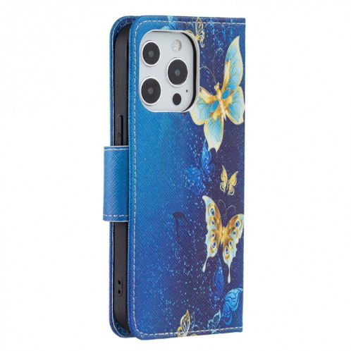 Motif de dessin coloré Horizontal Flip Cuir Case avec support & Card Slots & Portefeuille pour iPhone 13 Pro (Butterfly d'or) SH403I1975-07