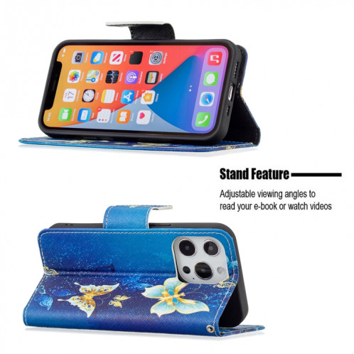 Motif de dessin coloré Horizontal Flip Cuir Case avec support & Card Slots & Portefeuille pour iPhone 13 Pro (Butterfly d'or) SH403I1975-07