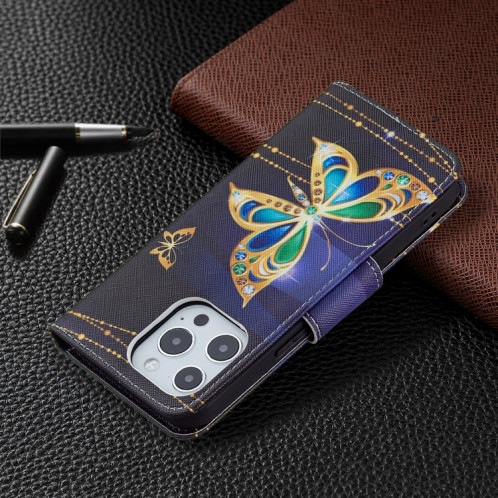 Motif de couleur Dessin Retournement horizontal Étui en cuir avec support et carte Machines à sous et porte-monnaie pour l'iPhone 13 Pro (Big Butterfly) SH403J1987-07