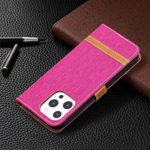 Couleur Correspondance Denim Texture Texture Horizontale Horizontal Toas Coating avec porte-cartes et portefeuille et lanière pour iPhone 13 (Rose Rouge) SH802I1762-07