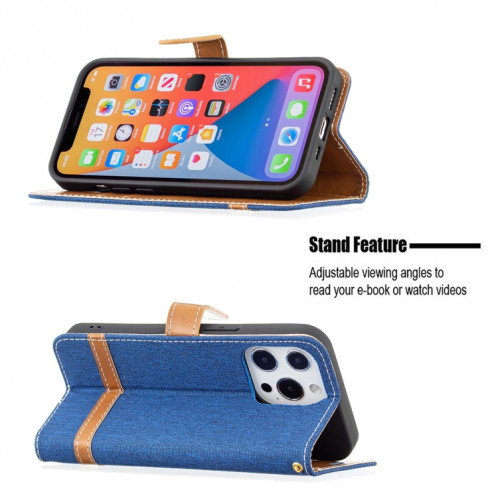 Couleur Correspondance Denim Texture Texture Horizontale Horizontal Horizan Coffret avec support & carte Slots & Portefeuille et longe pour iPhone 13 Pro (Bleu royal) SH803F955-07