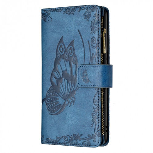Boîtier de gaufrage de papillon volant à glissière Horizontal Flip Cuir Toot avec porte-cartes et portefeuille pour iPhone 13 (bleu) SH002C192-07