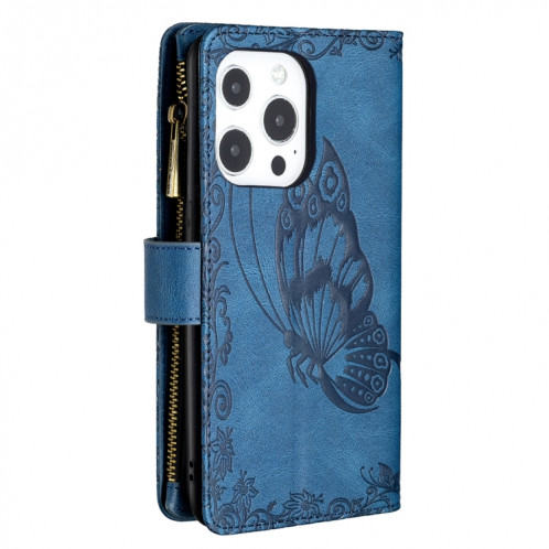 Boîtier de gaufrage de papillon volant à glissière Horizontal Flip Cuir Toot avec porte-cartes et portefeuille pour iPhone 13 (bleu) SH002C192-07