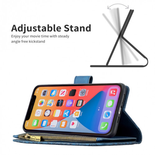 Boîtier de gaufrage de papillon volant à glissière Horizontal Flip Cuir Toot avec porte-cartes et portefeuille pour iPhone 13 (bleu) SH002C192-07