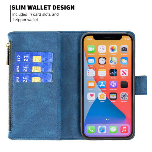 Boîtier de gaufrage de papillon volant à glissière Horizontal Flip Cuir Toot avec porte-cartes et portefeuille pour iPhone 13 (bleu) SH002C192-07