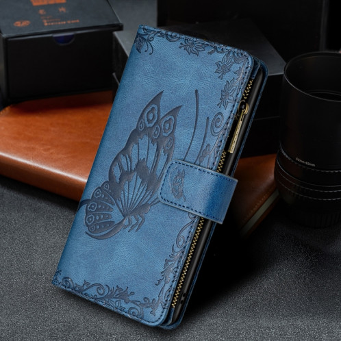 Boîtier de gaufrage de papillon volant à glissière Horizontal Flip Cuir Toot avec porte-cartes et portefeuille pour iPhone 13 (bleu) SH002C192-07