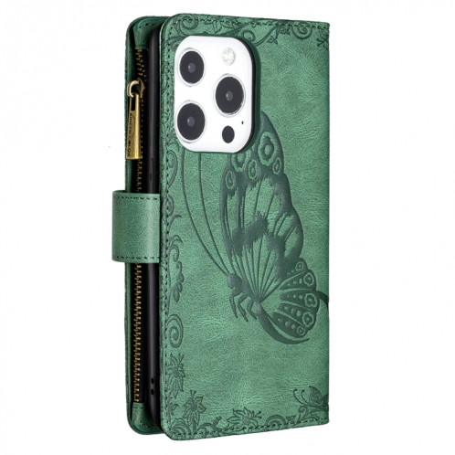 Flying Butterfly Modèle de gaufrage à glissière à glissière Horizontal Flip Cuir Coffret avec porte-carte et portefeuille pour iPhone 13 (vert) SH002E746-07