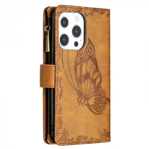 Boîtier de gaufrage de papillon volant Zipper Horizontal Flip Cuir Toot avec porte-cartes et portefeuille pour iPhone 13 PRO (Brown) SH003A239-07