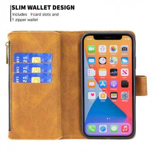 Boîtier de gaufrage de papillon volant Zipper Horizontal Flip Cuir Toot avec porte-cartes et portefeuille pour iPhone 13 PRO (Brown) SH003A239-07