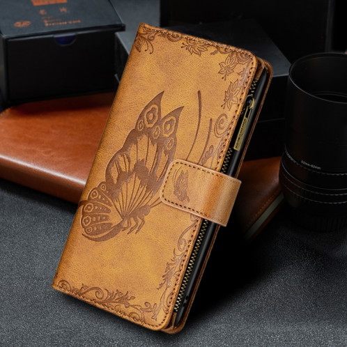 Boîtier de gaufrage de papillon volant Zipper Horizontal Flip Cuir Toot avec porte-cartes et portefeuille pour iPhone 13 PRO (Brown) SH003A239-07