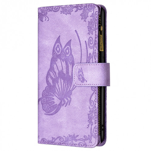 Boîtier de gaufrage de papillon volant à glissière Horizontal Flip Cuir Toot avec porte-carte et portefeuille pour iPhone 13 Pro (violet) SH003B751-07