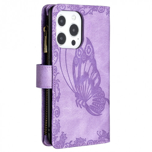 Boîtier de gaufrage de papillon volant à glissière Horizontal Flip Cuir Toot avec porte-carte et portefeuille pour iPhone 13 Pro (violet) SH003B751-07